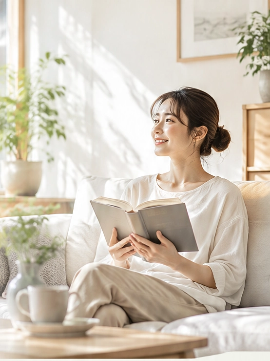 明るいリビングのソファで読書を楽しむ女性