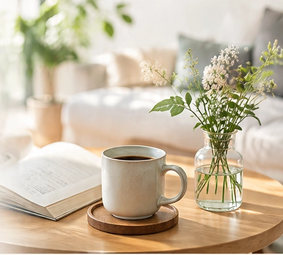 明るい部屋のテーブルに置かれた本、コーヒーと花