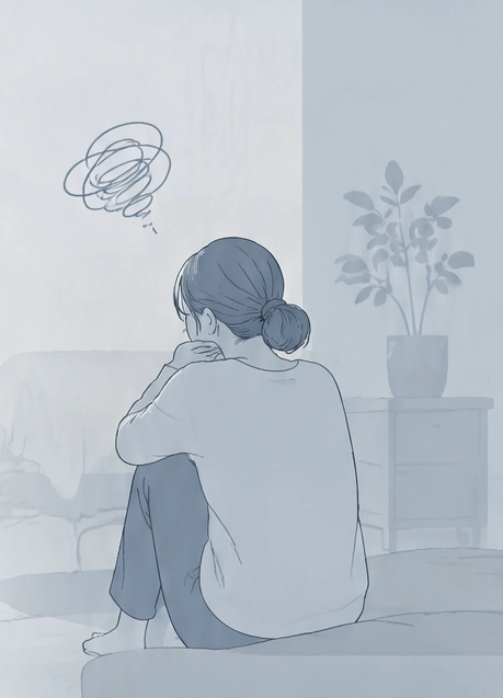 部屋の中でひざを抱え、用事を気にかける女性のイラスト